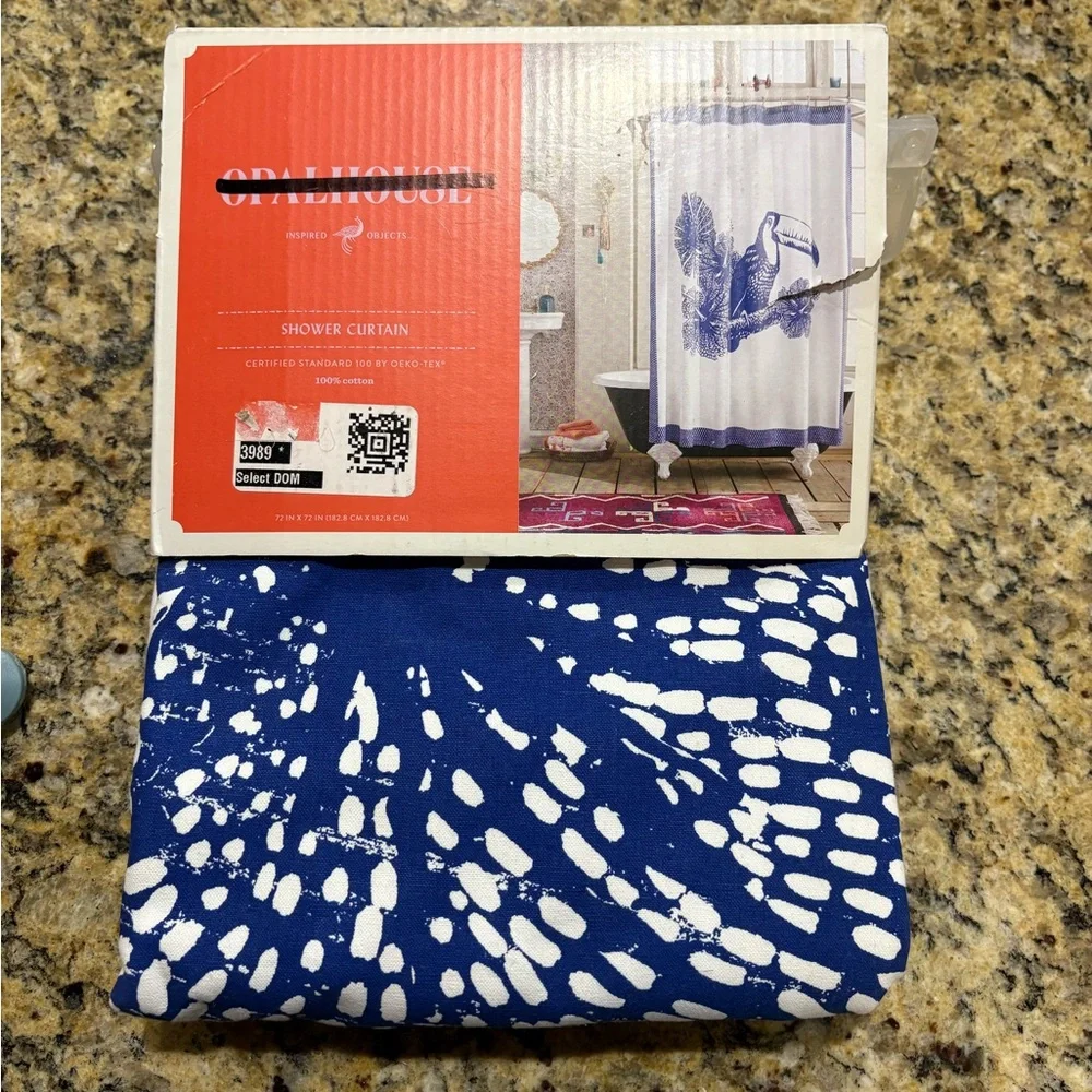 OPALHOUSE NWT toucan bird shower curtain -white/blue